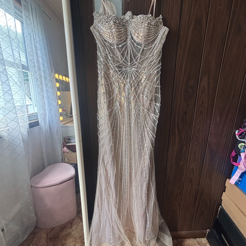 Elegant Beaded Cream Prom Dress